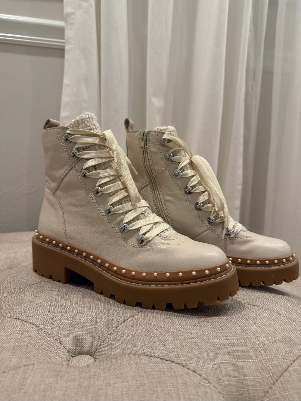 Women's Cream Lace-Up Leather Boots with White Tweed and Pearls
